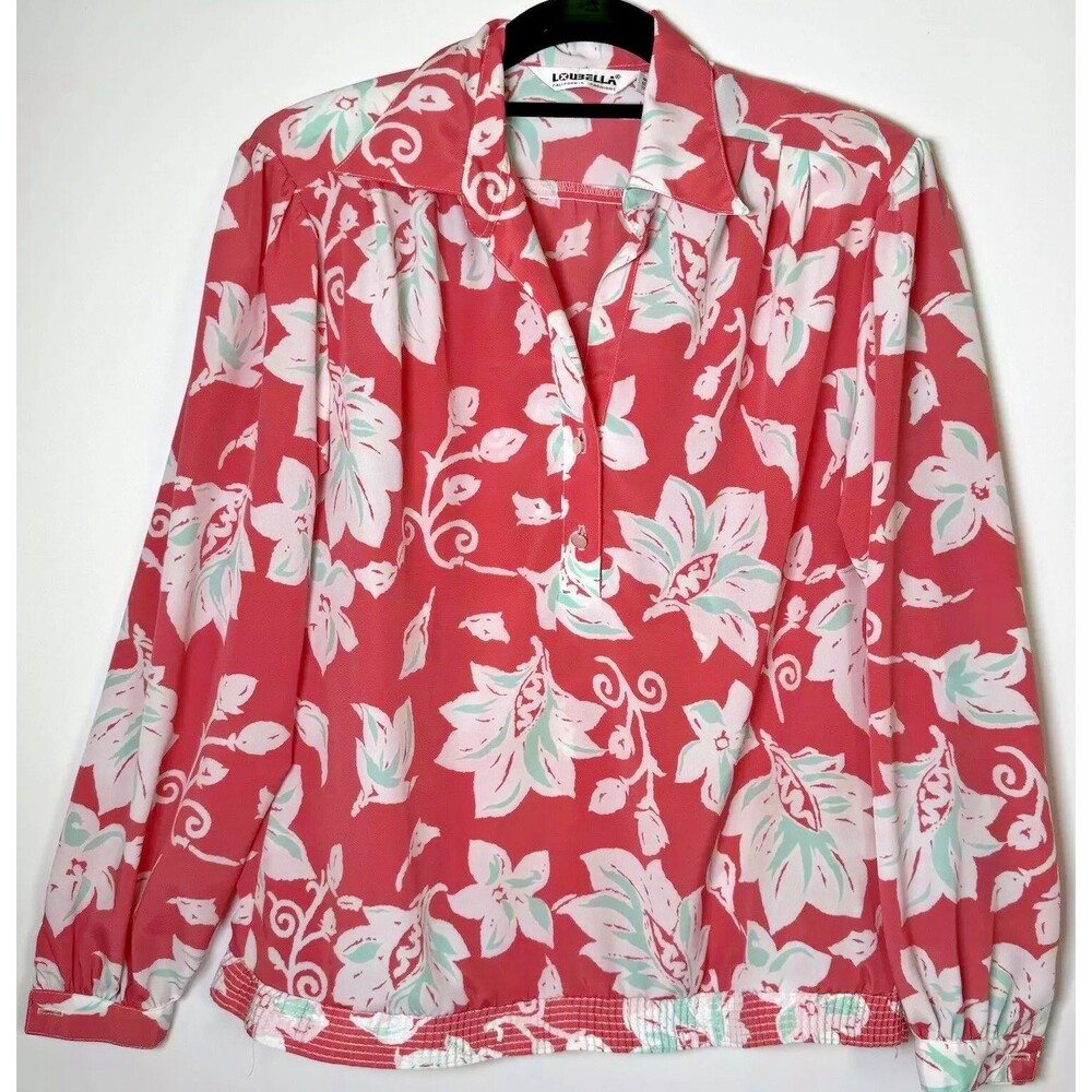 Vintage Loubella‎ Blouse Womens 8 Pink Floral Print Cottagecore Aloha 70s Style